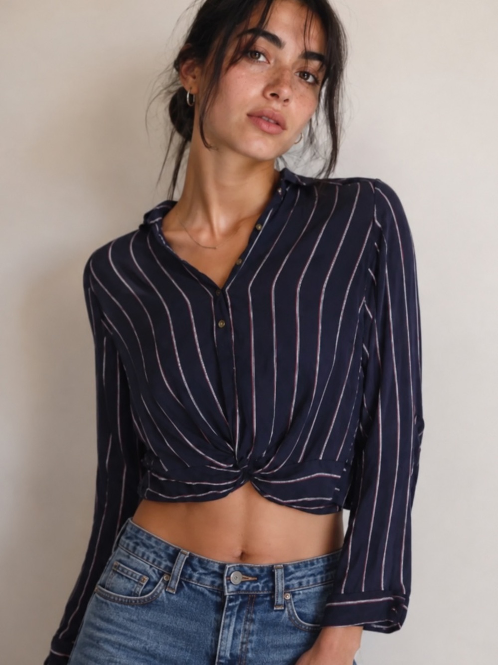 Hollister Coastal Preppy Stripe Twist Front Button Down Crop Blouse Navy Size XS